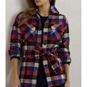 Lauren Ralph Lauren Plaid Flannel Belted Button-Up Shirt Red Blue PL Petite